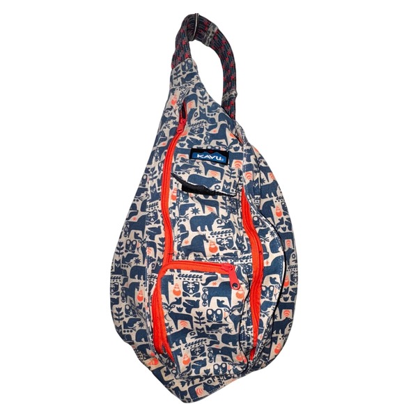 KAVU Rope Sling Bag Women's Crossbody Animal Print Blue Coral Travel Casual - Picture 1 of 7